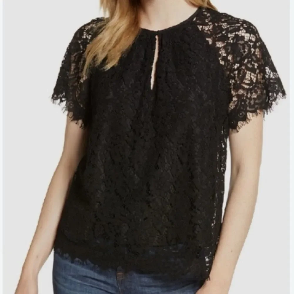 J. CREW Short Sleeve Keyhole Lace Floral Top L
